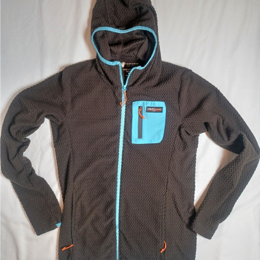 Hot chocolate Brownand Blue Hooded full zip fleece, size small women’s